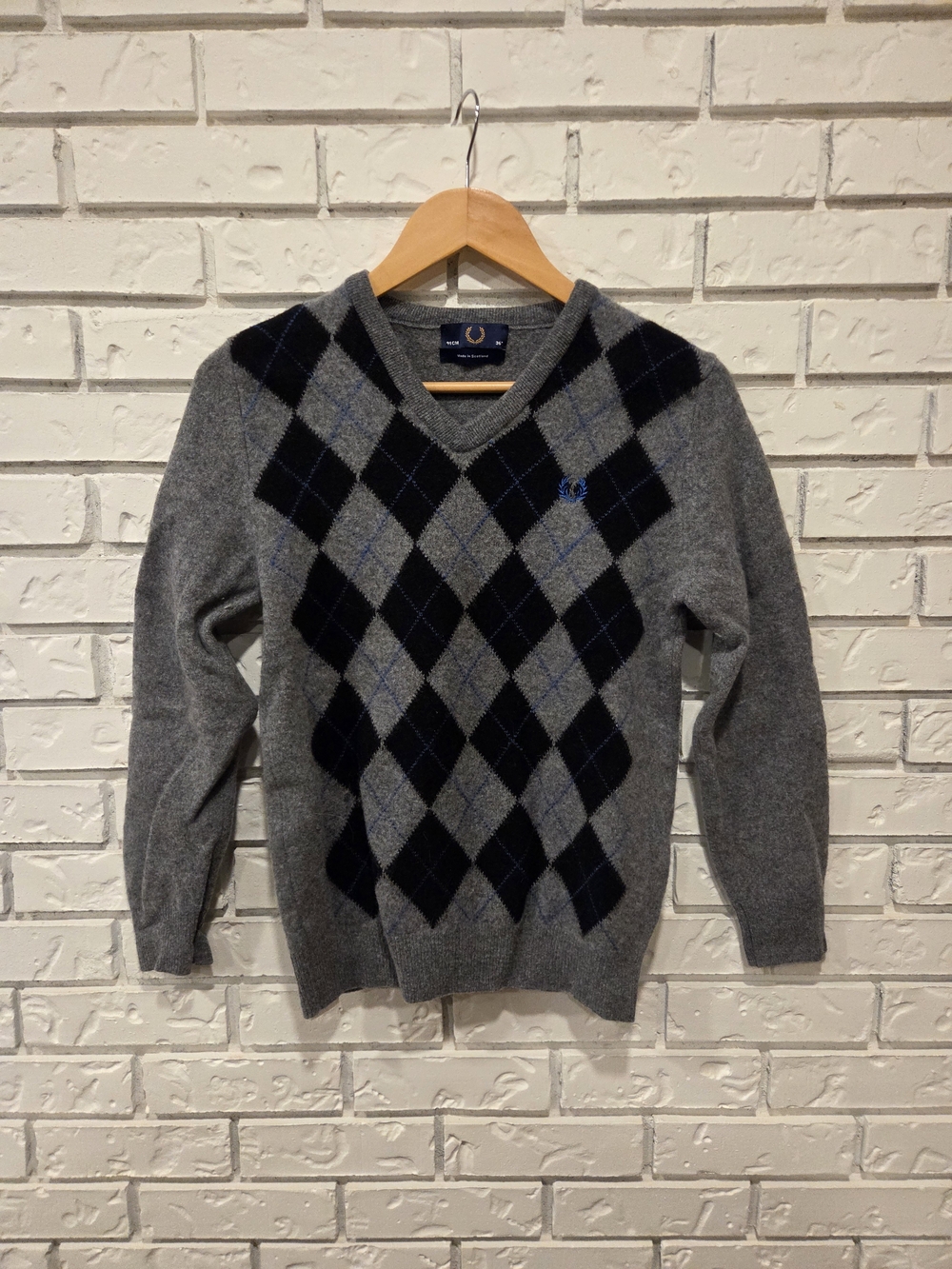 Fred Perry Grey V-Neck Sweater with Navy Argyle